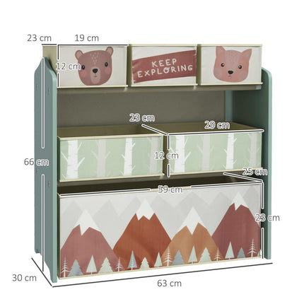 Storage shelf for children's toys with 6 green fabric compartments