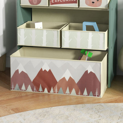Storage shelf for children's toys with 6 green fabric compartments