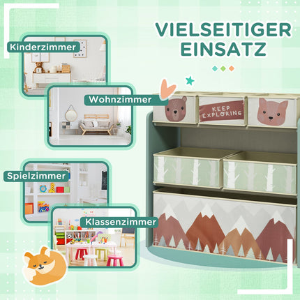 Storage shelf for children's toys with 6 green fabric compartments