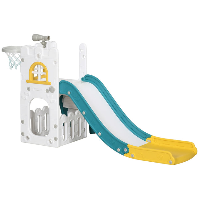Dětská skluzavka 4v1 s basketbalovým košem a teleskopickou prolézačkou, žlutá 70 x 177 x 92 cm