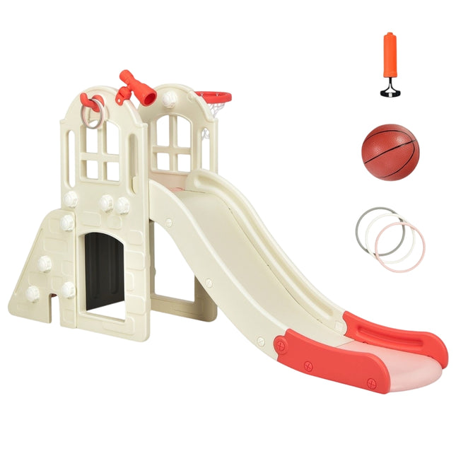 Dětská skluzavka s prolézačkou, basketbalovým košem, házením kroužků a dalekohledem 189.5 x 83 x 98 cm růžová