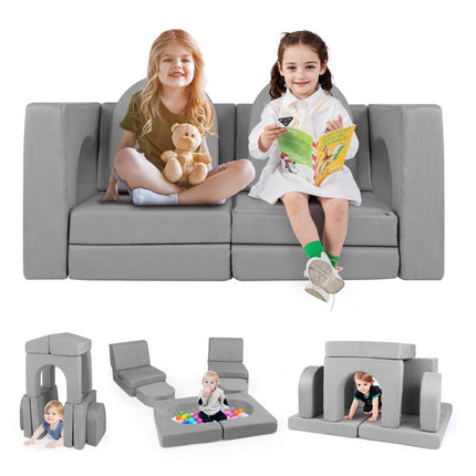 Dětská pohovka, 8dílné hrací sofa z pěnových dílů se semišovým potahem, šedá