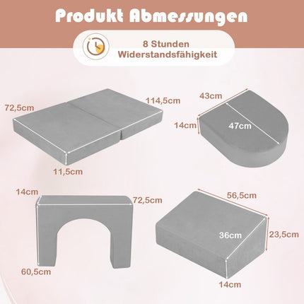 Dětská pohovka, 8dílné hrací sofa z pěnových dílů se semišovým potahem, šedá