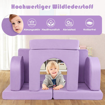 Dětská pohovka, 8dílné hrací sofa z pěnových dílů se semišovým potahem, fialová