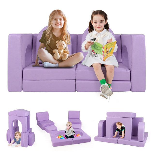 Children's sofa 8-piece play sofa made of foam building blocks with comfortable suede fabric purple