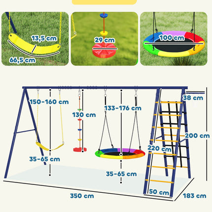 Children's 6-in-1 swing set in steel with climbing net