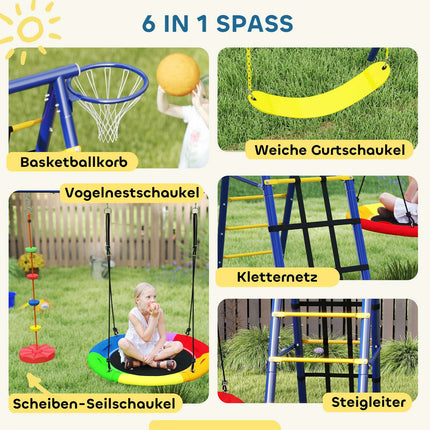 Children's 6-in-1 swing set in steel with climbing net