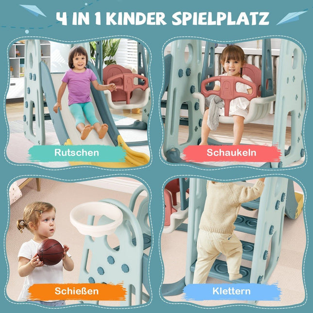 Kinderschommel met glijbaan, in hoogte verstelbare zitting, 4-in-1 schommel & glijbaan & basketbalring & ladder voor kinderen vanaf 18 maanden
