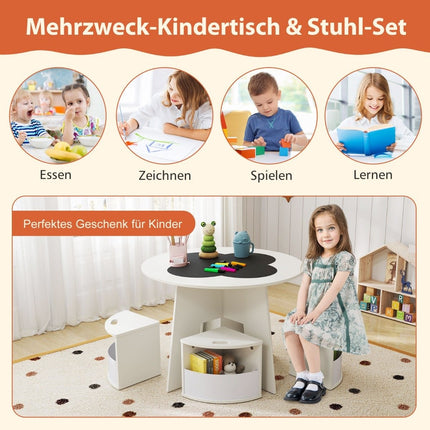 Dětský set stolu a židlí, kulatý, 5dílný dřevěný dětský sedací set se 4 úložnými stoličkami, bílý