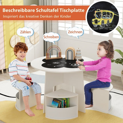 Dětský set stolu a židlí, kulatý, 5dílný dřevěný dětský sedací set se 4 úložnými stoličkami, bílý