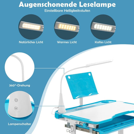Dětský stůl, set psacího stolu se stojanem na knihy a LED lampou pro kluky i holky, modrý