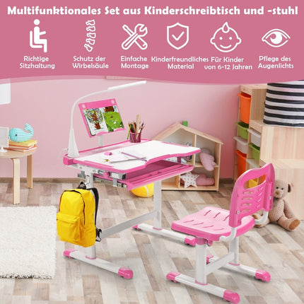 Children's table children's desk set with book stand and LED light for boys and girls pink