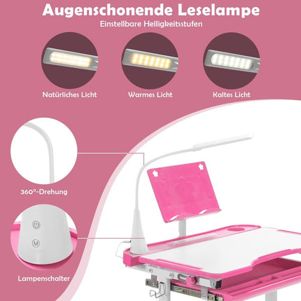 Children's table children's desk set with book stand and LED light for boys and girls pink