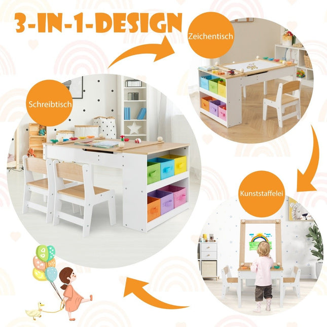 Children's table with 2 chairs 3 in 1 activity table & easel made of wood with liftable table top natural