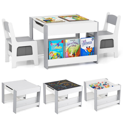 Children's table with 2 chairs &amp; Reversible table top &amp; Bookshelves 3-piece children's seating group gray