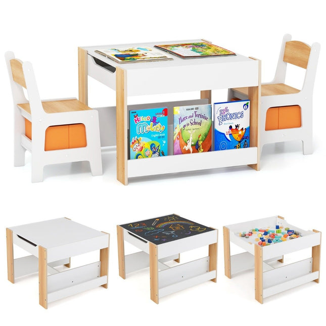 Kindertisch mit 2 Stühlen &amp; Wendetischplatte &amp; Bücherregale 3-teilige Kindersitzgruppe natur