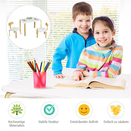 Dětský stůl se 2 dřevěnými židlemi, 3 ks. Dětský sedací set pro děti, bílý