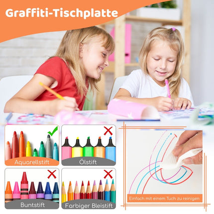 Dětský stůl se 4 židlemi, set s graffiti deskou. Výškově nastavitelný dětský sedací set přírodní