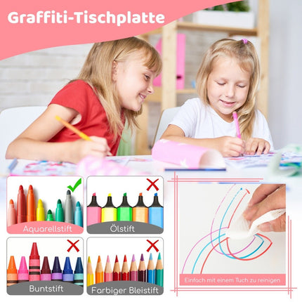 Dětský stůl se 4 židlemi, set s graffiti deskou. Výškově nastavitelný dětský sedací set růžový
