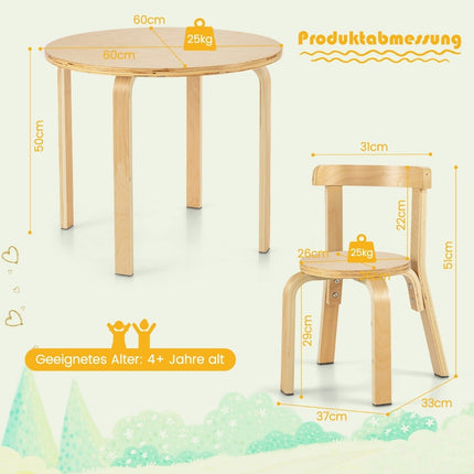 Dětský dřevěný stůl se 4 židlemi pro děti, set stolu a židlí s opěradly, přírodní