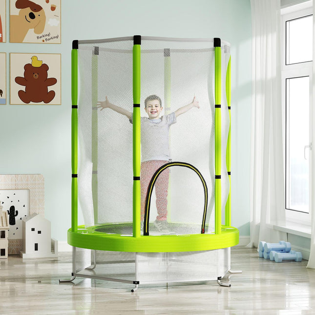 Kindertrampoline Ø140 cm, indoor trampoline met veiligheidsnet randafdekking rubberen touw, kindertrampoline met deur met ritssluiting, wolkenpatroon, voor kinderen 3-6 jaar groen |