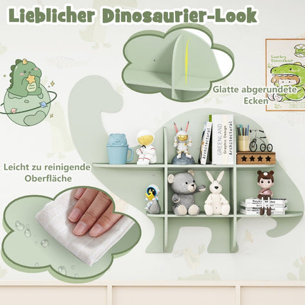 Dětská nástěnná knihovna se 2 policemi a 6 otevřenými přihrádkami, dřevěný dětský regál dinosaurus