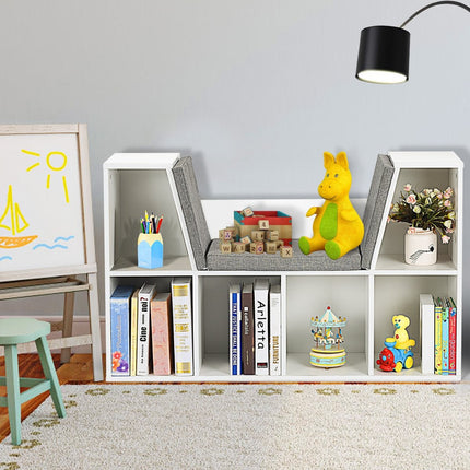Dětská dřevěná knihovna s polštářky a zadní stěnou, kostkový regál 102.5 x 30 x 63.5 cm bílá