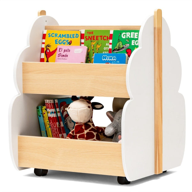 Kinderboekenkast van hout met universele wielen 2 niveaus speelgoedplank op wielen wit + naturel