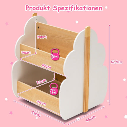 Children's wooden bookcase with universal wheels 2 levels toy shelf on wheels white + natural