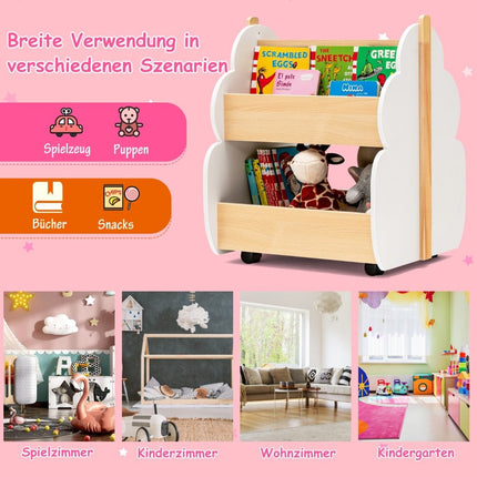 Children's wooden bookcase with universal wheels 2 levels toy shelf on wheels white + natural