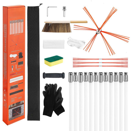 Chimney Sweep Kit, 12m Flexible Rod, Brush, Goggles