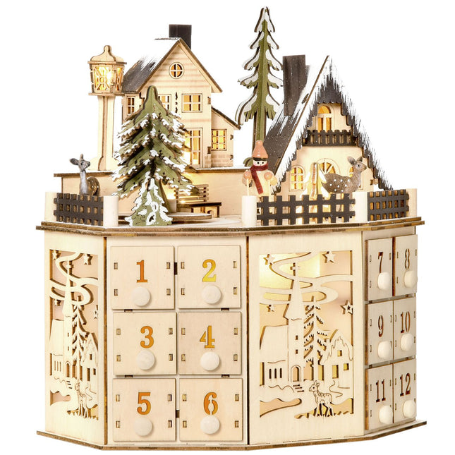 Dřevěný adventní kalendář vláček s 24 LED dárkovými krabičkami