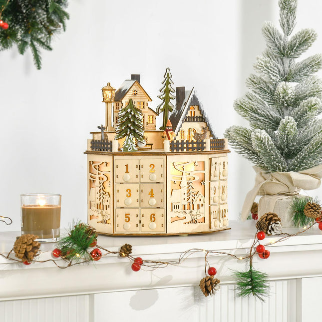 Dřevěný adventní kalendář vláček s 24 LED dárkovými krabičkami
