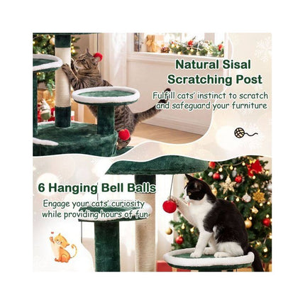Christmas Cat Tree 50 Inch with 2 Condos and Sisal Post, Green, Star Spring Toy