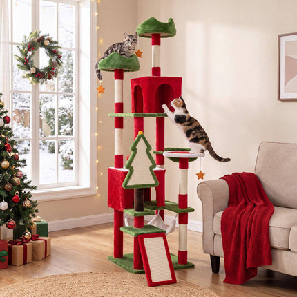 Christmas Cat Tree 75 Inch with 2 Large Condos and Hammock, Red/Green