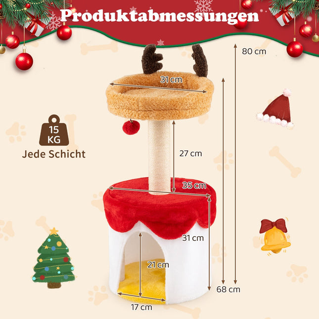 Vánoční kočičí strom se sisalovým sloupkem, 80 cm, útulný pelíšek