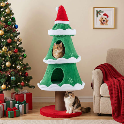 Christmas Cat Tree with Snow Decorations, 130cm Tall