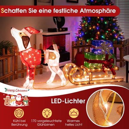 Vánoční dekorace pes se saněmi se 170 LED světly