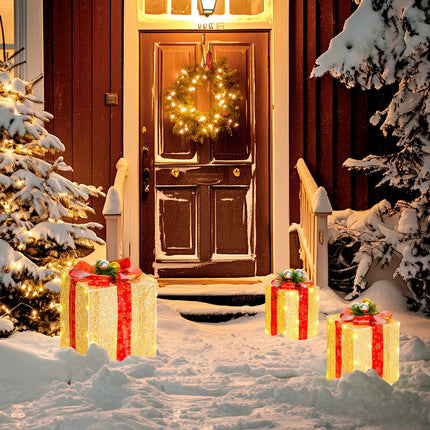Svítící vánoční dárkové boxy, sada 3 ks, 58 LED, zlaté