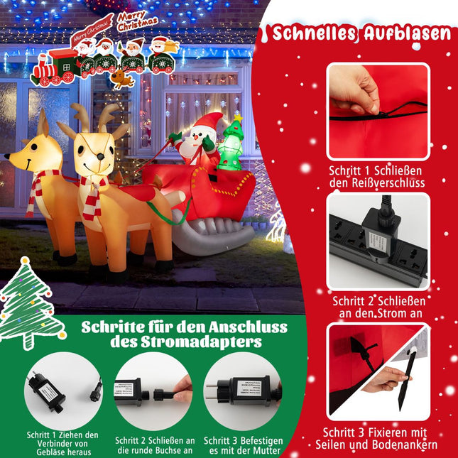 Vánoční nafukovací sáně Santy, 220cm, LED, 2 sobi
