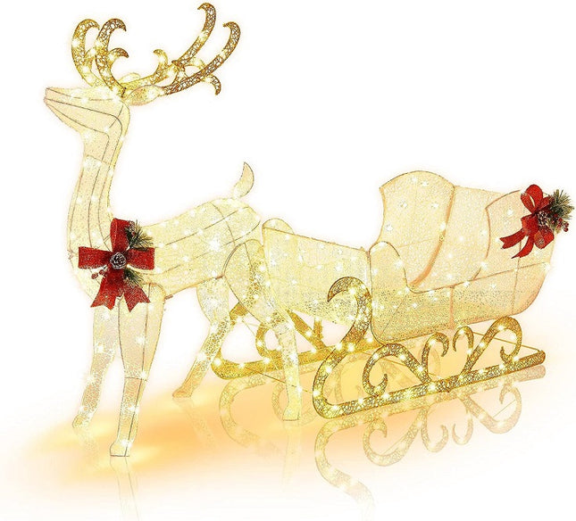Vánoční dekorace sob se sáněmi Santy, 215 LED
