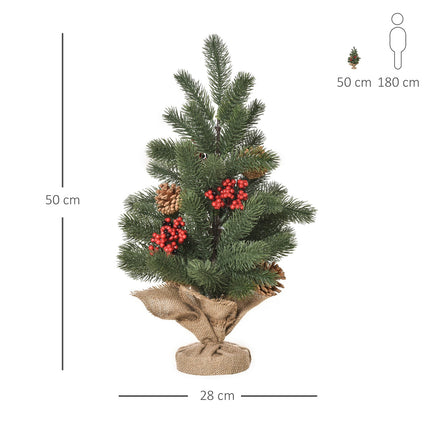 Umělý vánoční stromek, 50cm, červené bobule a šišky