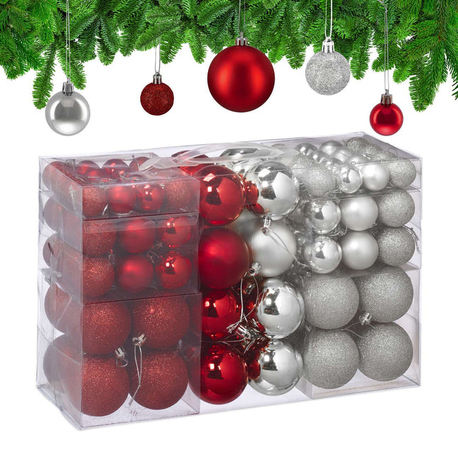 Weihnachtsbaumkugeln Set, Rot & Silber, Verschiedene Größen