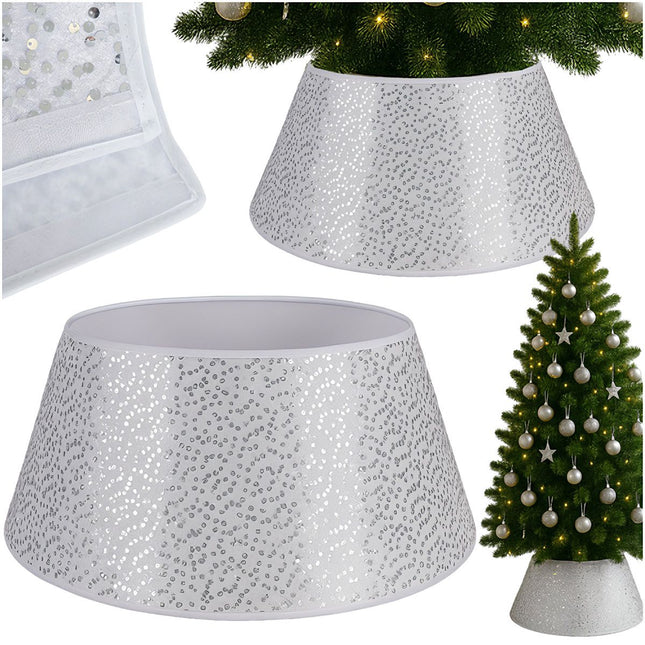 Christbaumständer-Verkleidung, 60cm Weiß mit silbernen Pailletten