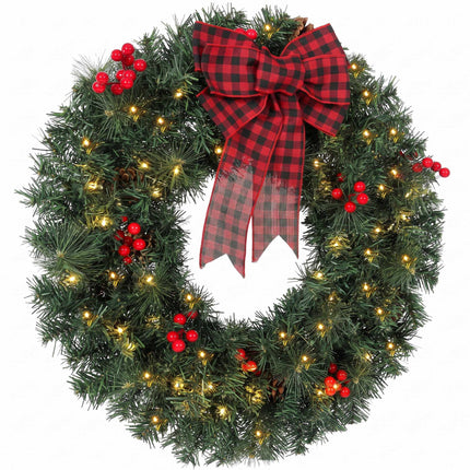 Christmas Wreath 60 cm with 50 Warm White LEDs and Bow, 8 Light Modes, 140 Tips