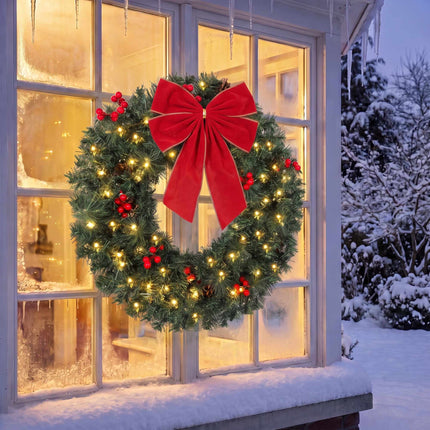 Christmas Wreath 60 cm with 50 Warm White LEDs and Bow, 8 Light Modes, 140 Tips