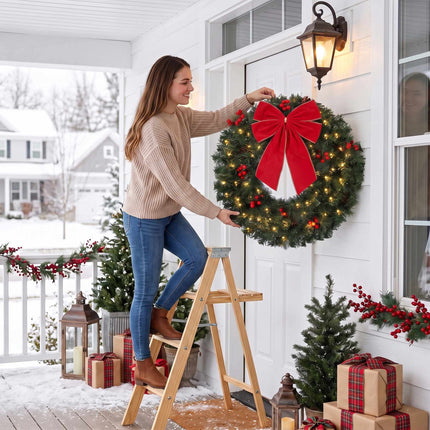Christmas Wreath 60 cm with 50 Warm White LEDs and Bow, 8 Light Modes, 140 Tips