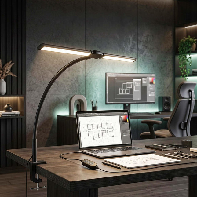 LED stolní lampa se svorkou, 61cm, dvě hlavy, USB, stmívatelná