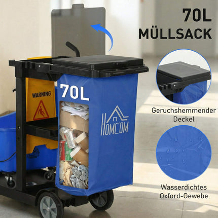 Úklidový vozík se 3 policemi, 70L vak, kbelík na mop, modrá