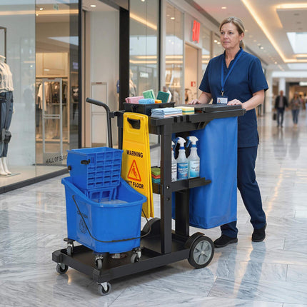 Úklidový vozík se 3 policemi, 70L vak, kbelík na mop, modrá